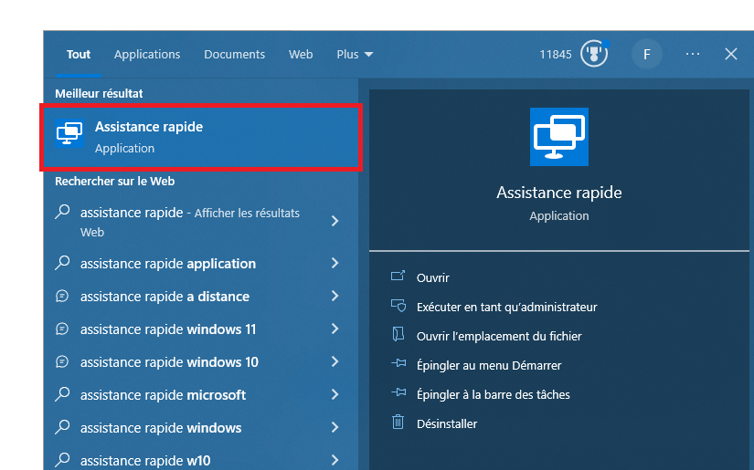 Menu démarrer Windows 10, recherche du logiciel Assistance rapide