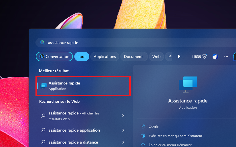 Menu démarrer Windows 11, recherche du logiciel Assistance rapide